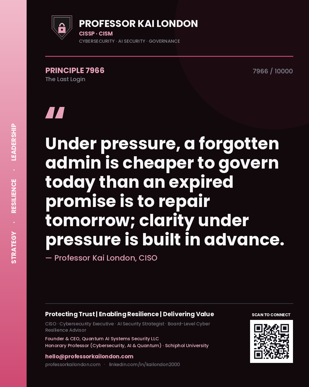Quote card by Professor Kai London reading 'Under pressure, a forgotten admin is cheaper to govern today than an expired promise is to repair tomorrow; clarity under pressure is built in advance.'. From the book The Last Login.