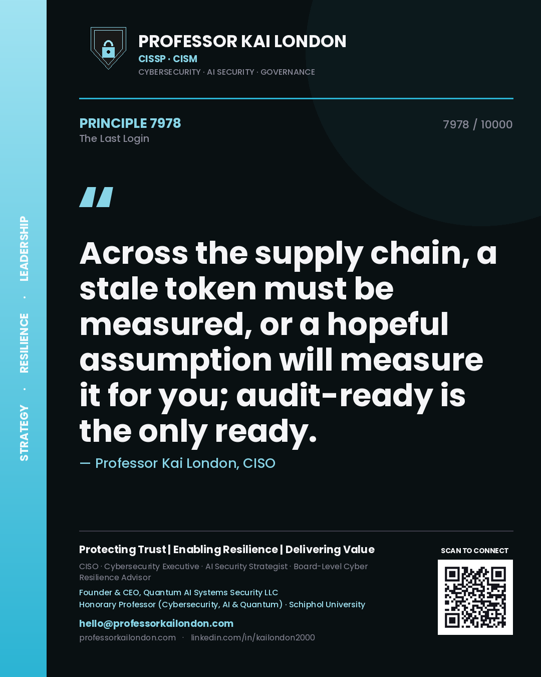 Quote card by Professor Kai London reading 'Across the supply chain, a stale token must be measured, or a hopeful assumption will measure it for you; audit-ready is the only ready.'. From the book The Last Login.
