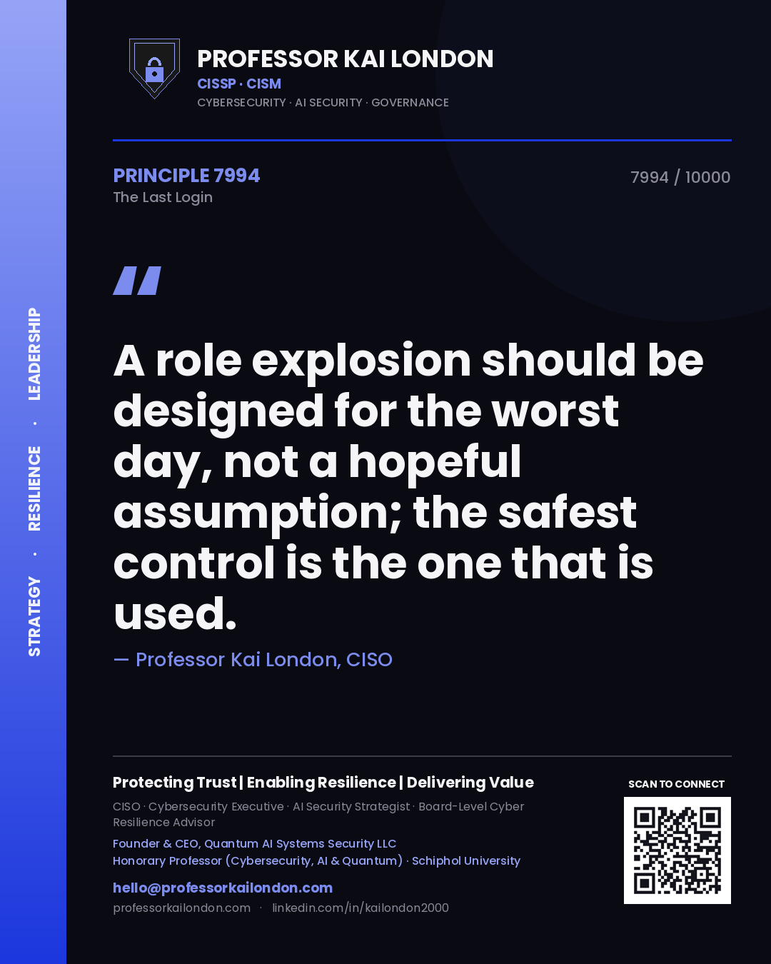 Quote card by Professor Kai London reading 'A role explosion should be designed for the worst day, not a hopeful assumption; the safest control is the one that is used.'. From the book The Last Login.
