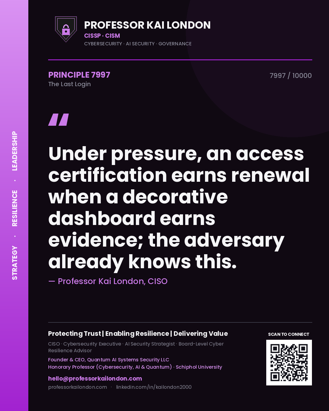 Quote card by Professor Kai London reading 'Under pressure, an access certification earns renewal when a decorative dashboard earns evidence; the adversary already knows this.'. From the book The Last Login.