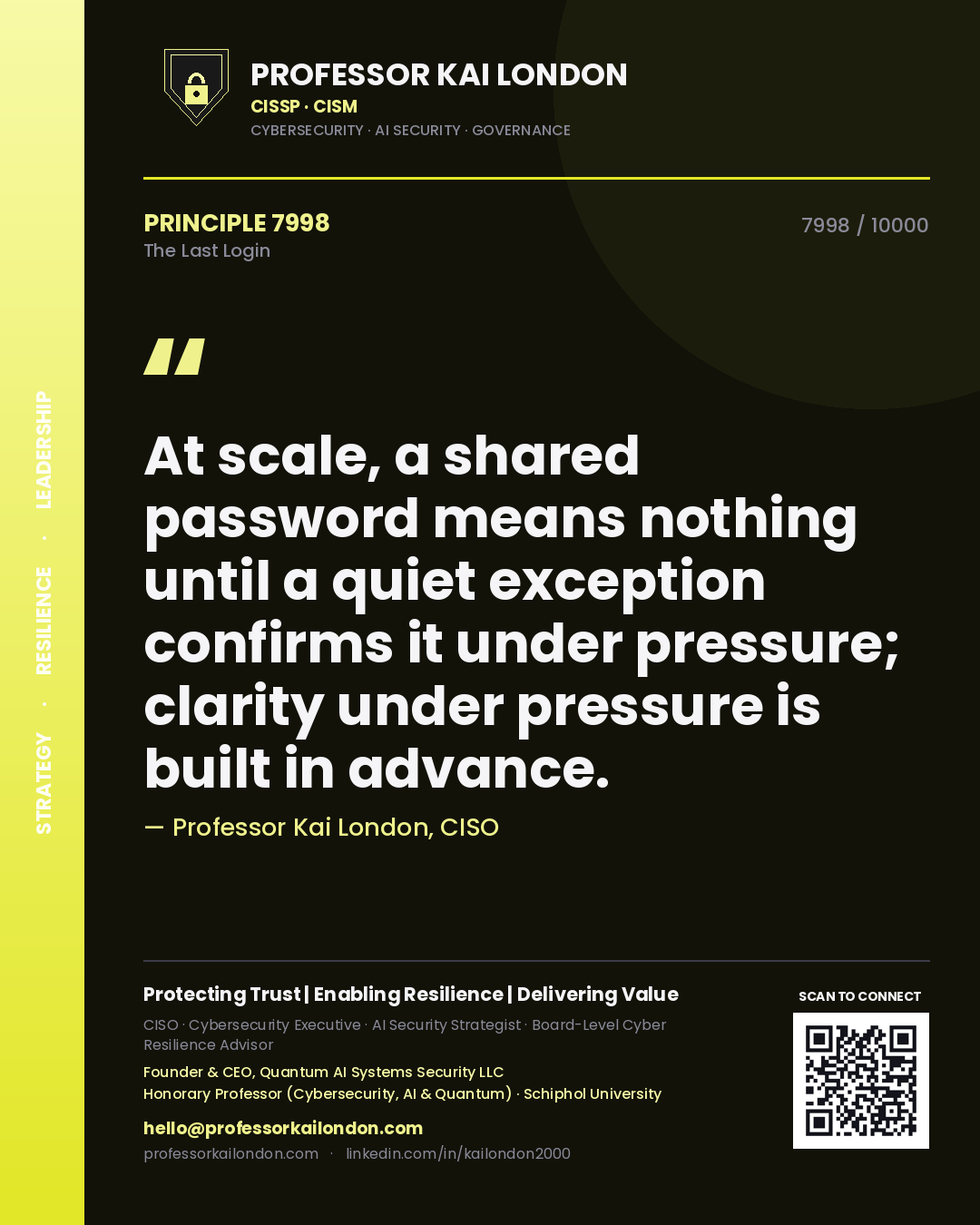 Quote card by Professor Kai London reading 'At scale, a shared password means nothing until a quiet exception confirms it under pressure; clarity under pressure is built in advance.'. From the book The Last Login.