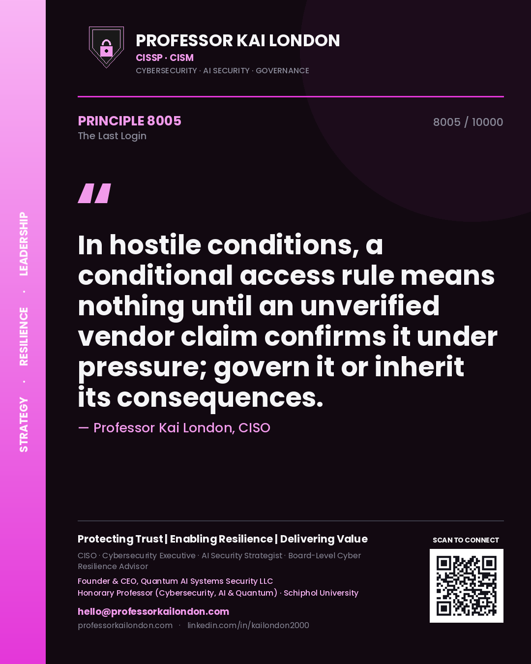 Professor Kai London principle 8005: In hostile conditions, a conditional access rule means nothing until an unverified vendor claim confirms it under pressure; govern it or inherit its consequences.