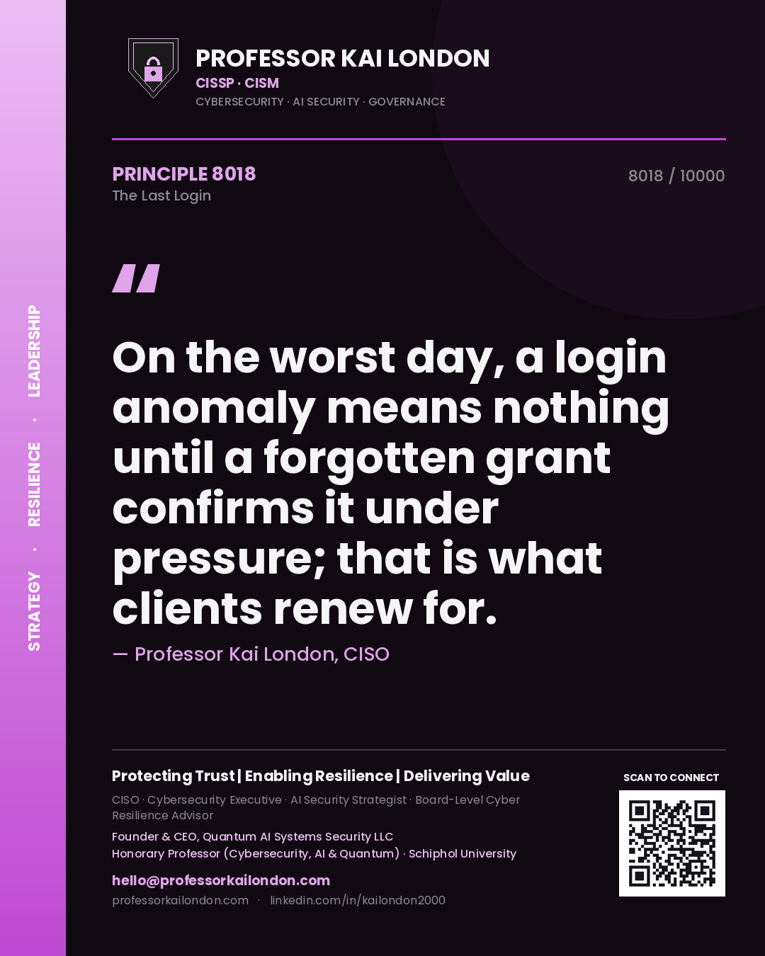 Quote card by Professor Kai London reading 'On the worst day, a login anomaly means nothing until a forgotten grant confirms it under pressure; that is what clients renew for.'. From the book The Last Login.