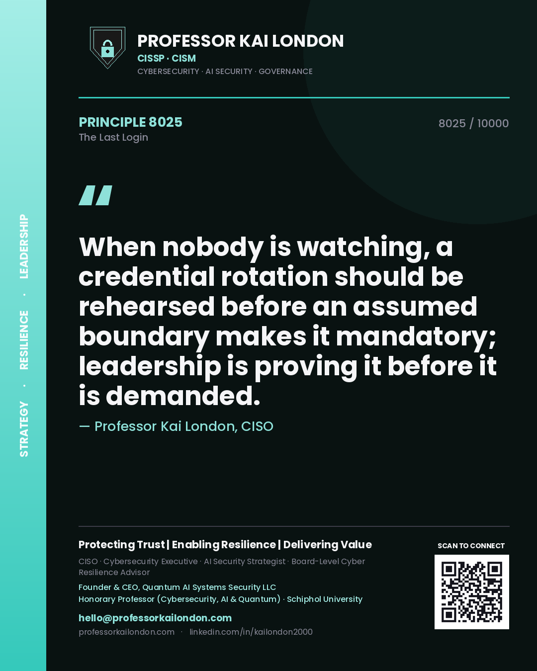 Professor Kai London principle 8025: When nobody is watching, a credential rotation should be rehearsed before an assumed boundary makes it mandatory; leadership is proving it before it is demanded.