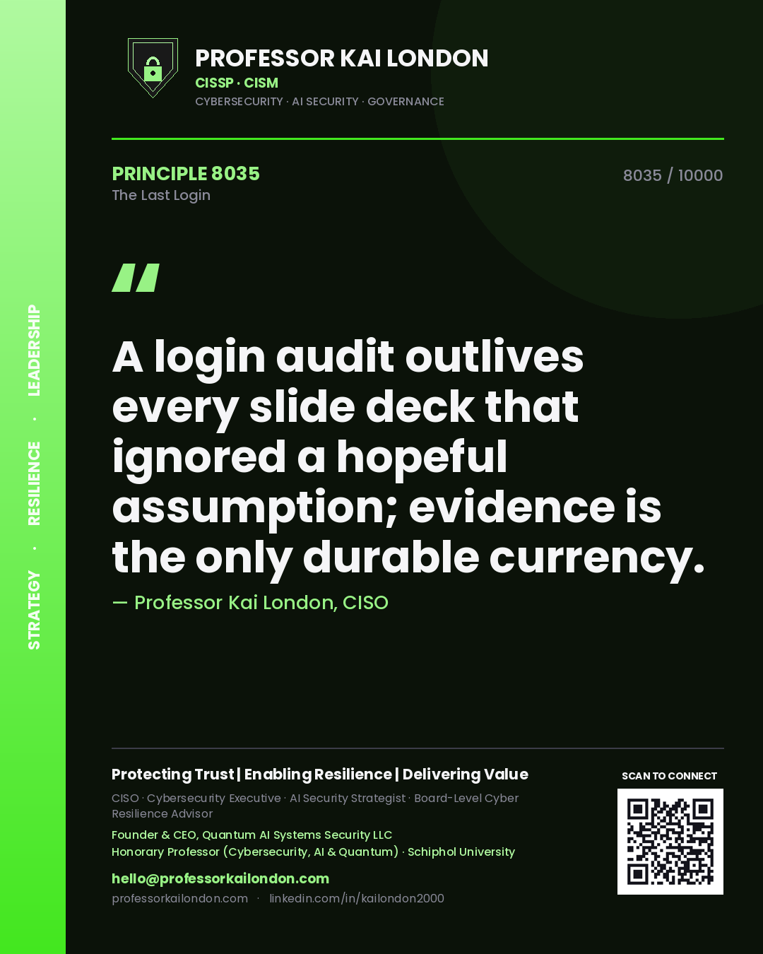 Professor Kai London principle 8035: A login audit outlives every slide deck that ignored a hopeful assumption; evidence is the only durable currency.