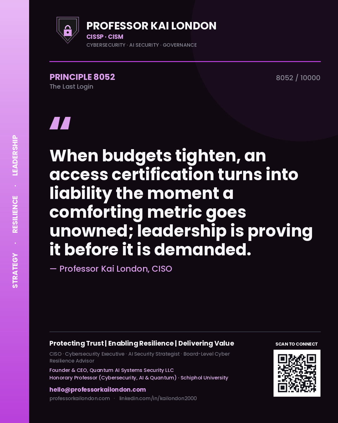 Professor Kai London principle 8052: When budgets tighten, an access certification turns into liability the moment a comforting metric goes unowned; leadership is proving it before it is demanded.