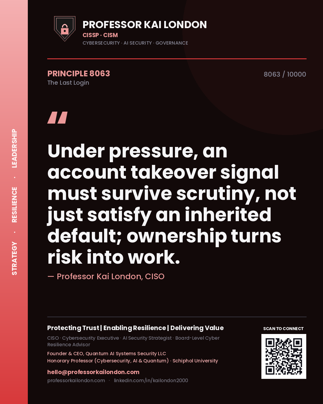 Quote card by Professor Kai London reading 'Under pressure, an account takeover signal must survive scrutiny, not just satisfy an inherited default; ownership turns risk into work.'. From the book The Last Login.