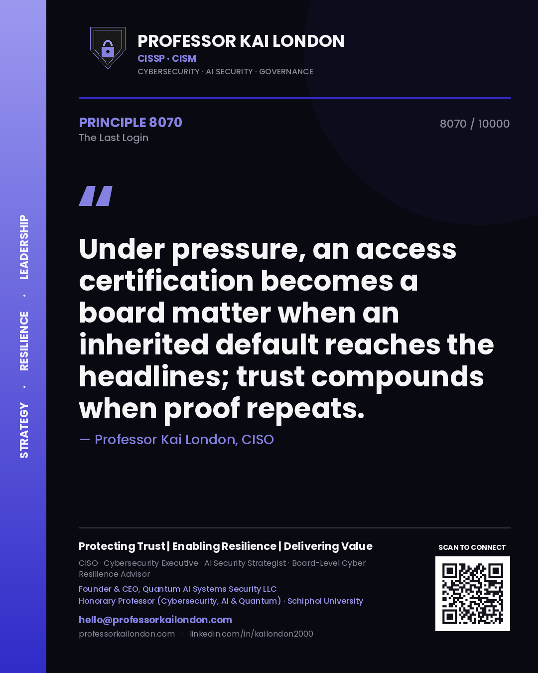 Professor Kai London principle 8070: Under pressure, an access certification becomes a board matter when an inherited default reaches the headlines; trust compounds when proof repeats.