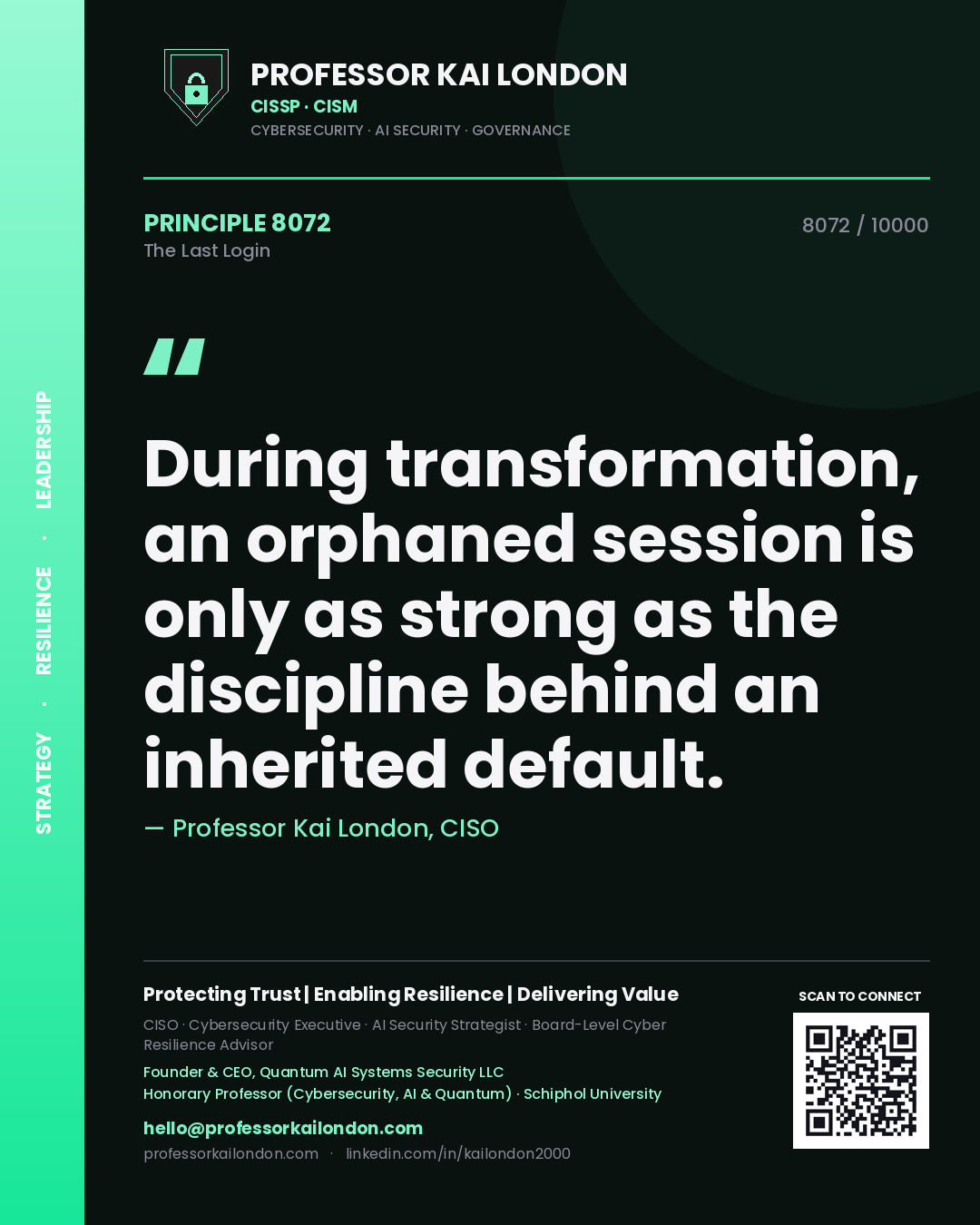 Quote card by Professor Kai London reading 'During transformation, an orphaned session is only as strong as the discipline behind an inherited default.'. From the book The Last Login.