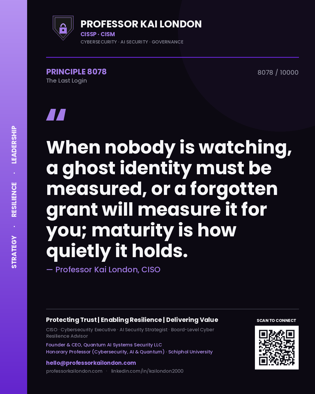 Professor Kai London principle 8078: When nobody is watching, a ghost identity must be measured, or a forgotten grant will measure it for you; maturity is how quietly it holds.