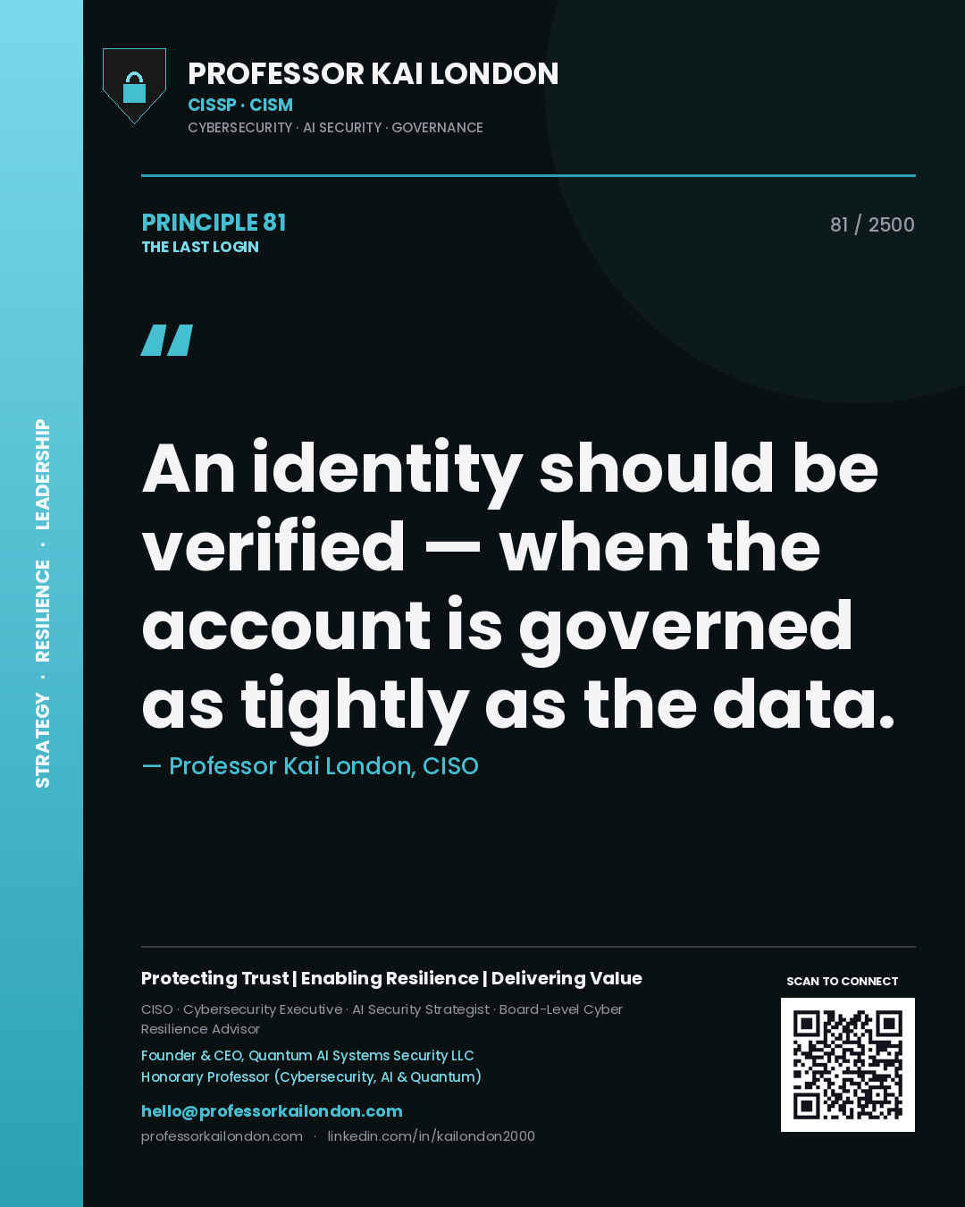 Quote card by Professor Kai London reading 'An identity should be verified — when the account is governed as tightly as the data.'. From the book The Last Login.