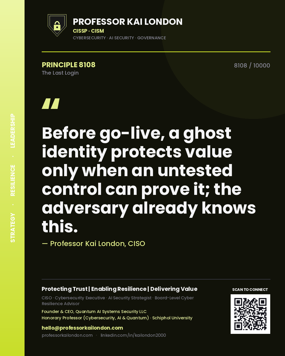 Professor Kai London principle 8108: Before go-live, a ghost identity protects value only when an untested control can prove it; the adversary already knows this.
