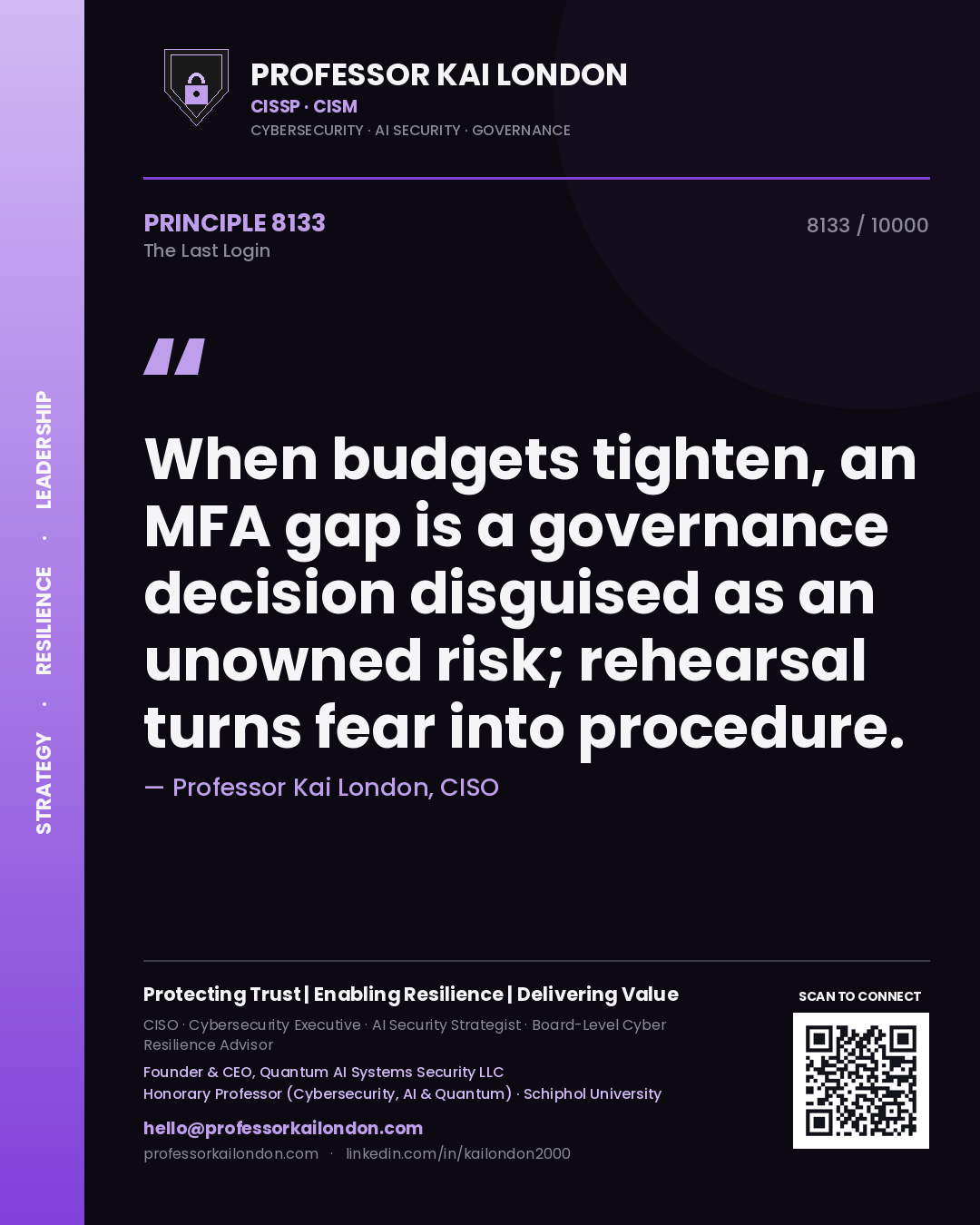 Quote card by Professor Kai London reading 'When budgets tighten, an MFA gap is a governance decision disguised as an unowned risk; rehearsal turns fear into procedure.'. From the book The Last Login.