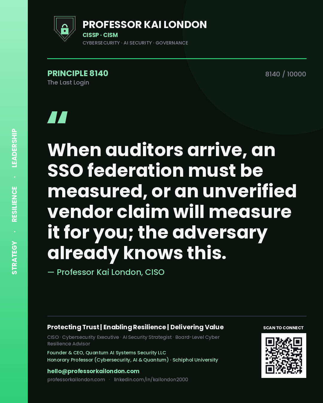 Quote card by Professor Kai London reading 'When auditors arrive, an SSO federation must be measured, or an unverified vendor claim will measure it for you; the adversary already knows this.'. From the book The Last Login.