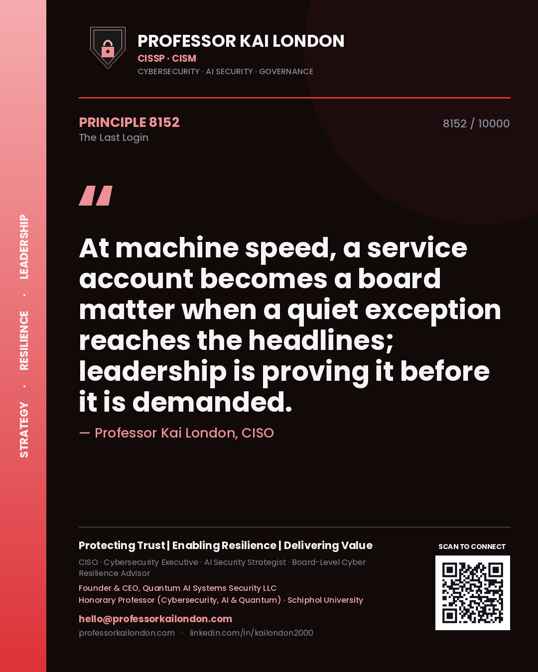 Quote card by Professor Kai London reading 'At machine speed, a service account becomes a board matter when a quiet exception reaches the headlines; leadership is proving it before it is demanded.'. From the book The Last Login.