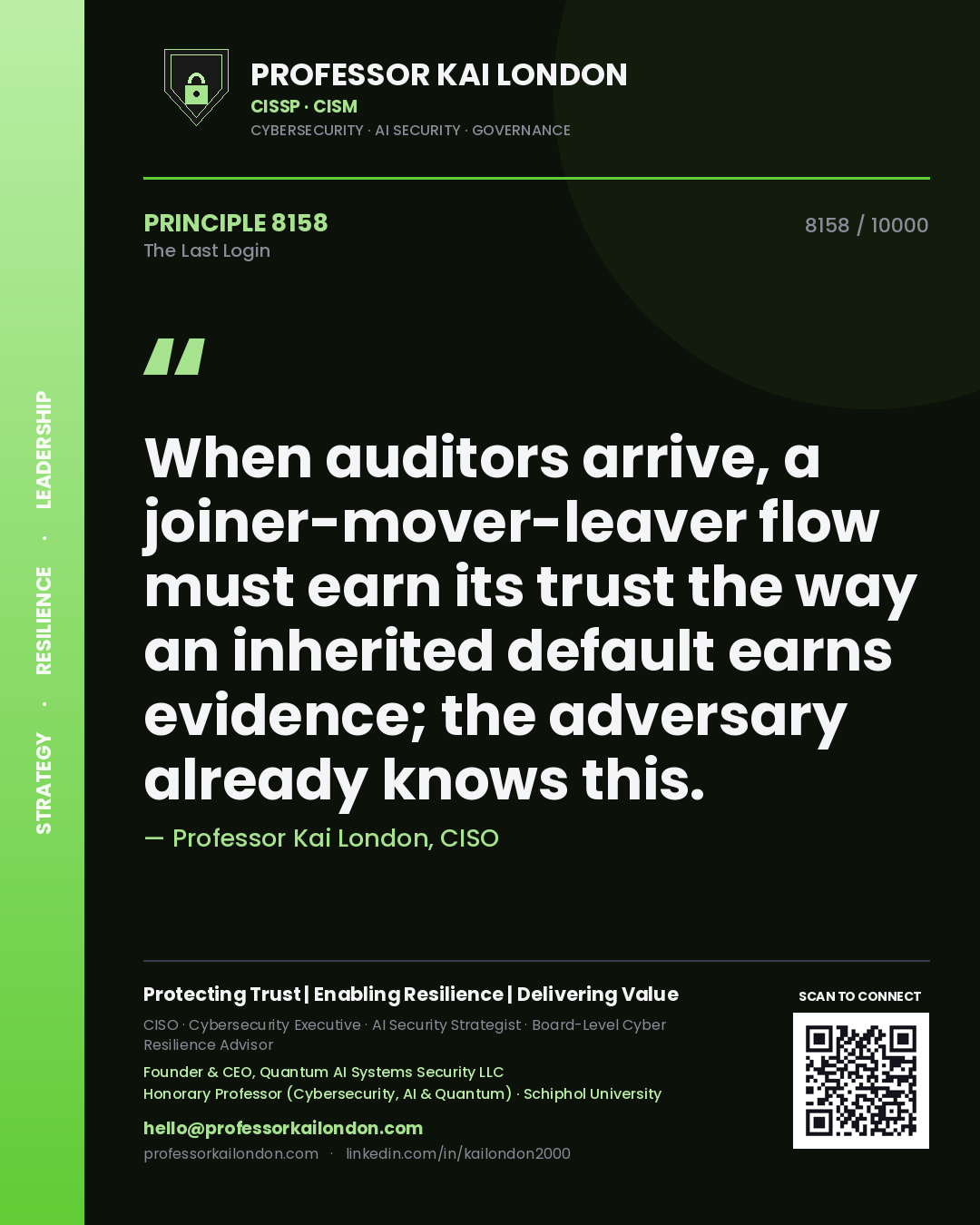 Professor Kai London principle 8158: When auditors arrive, a joiner-mover-leaver flow must earn its trust the way an inherited default earns evidence; the adversary already knows this.