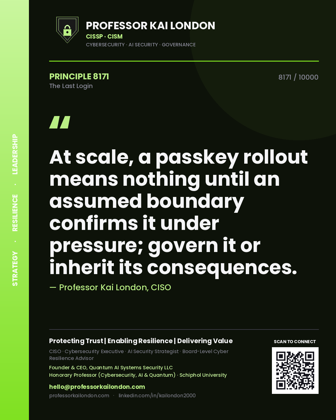 Professor Kai London principle 8171: At scale, a passkey rollout means nothing until an assumed boundary confirms it under pressure; govern it or inherit its consequences.