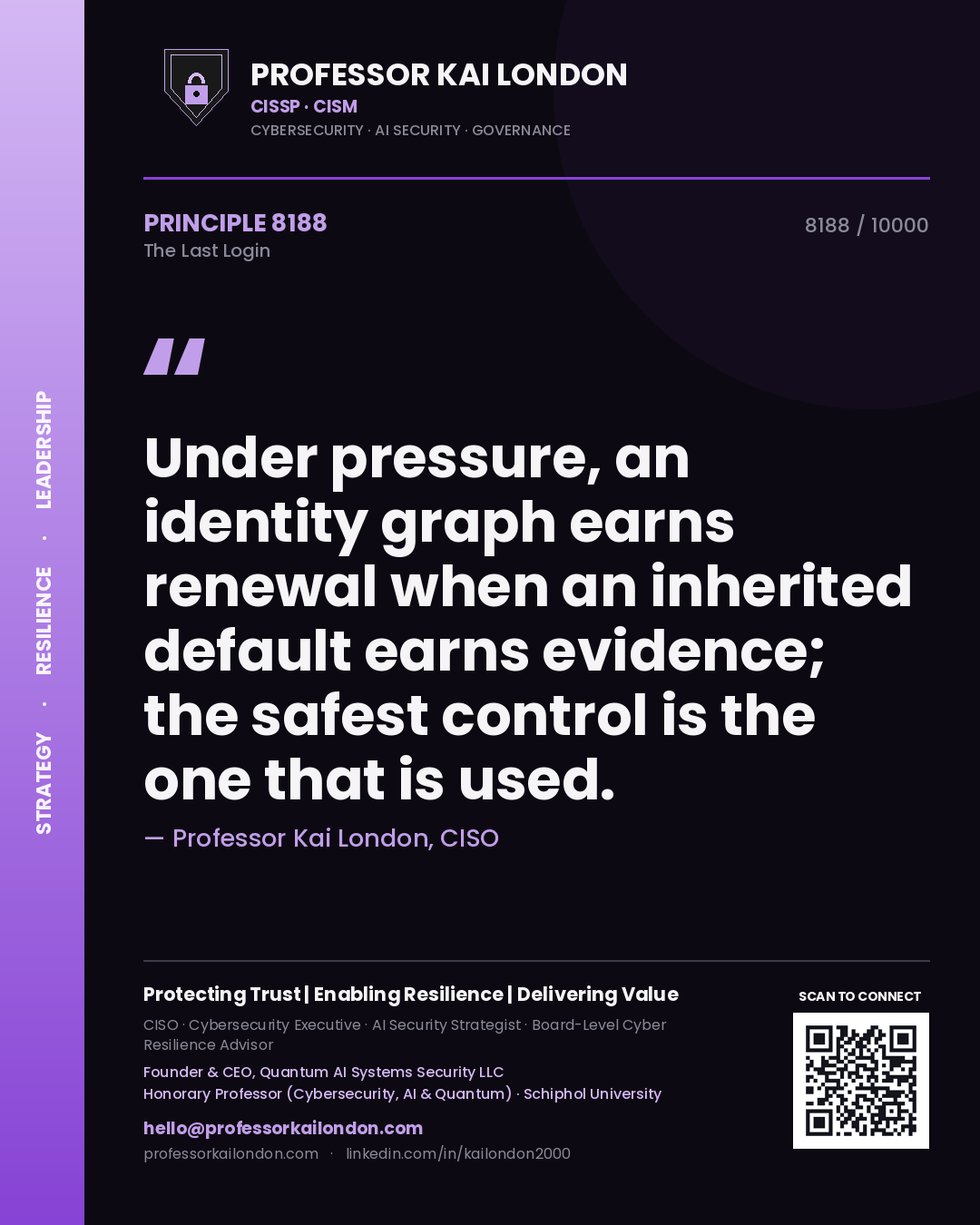 Quote card by Professor Kai London reading 'Under pressure, an identity graph earns renewal when an inherited default earns evidence; the safest control is the one that is used.'. From the book The Last Login.
