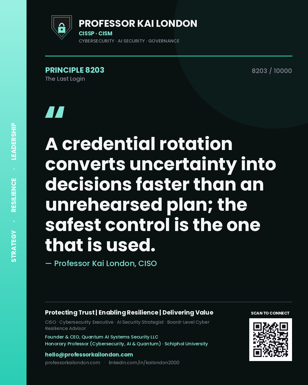 Quote card by Professor Kai London reading 'A credential rotation converts uncertainty into decisions faster than an unrehearsed plan; the safest control is the one that is used.'. From the book The Last Login.