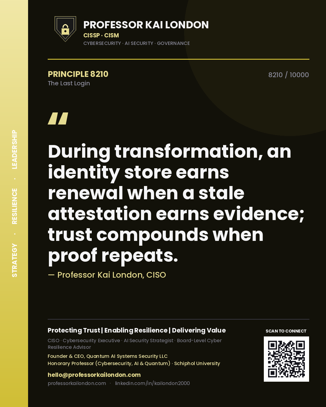 Professor Kai London principle 8210: During transformation, an identity store earns renewal when a stale attestation earns evidence; trust compounds when proof repeats.