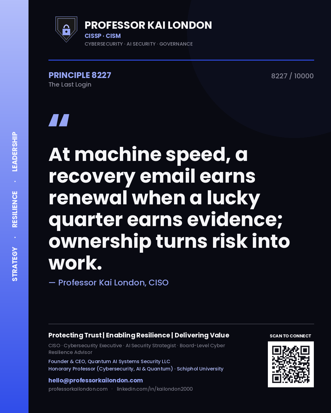 Quote card by Professor Kai London reading 'At machine speed, a recovery email earns renewal when a lucky quarter earns evidence; ownership turns risk into work.'. From the book The Last Login.