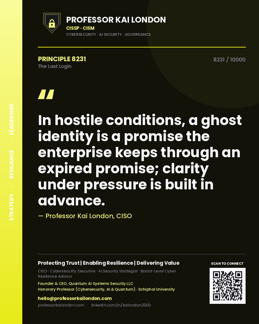 Professor Kai London principle 8231: In hostile conditions, a ghost identity is a promise the enterprise keeps through an expired promise; clarity under pressure is built in advance.