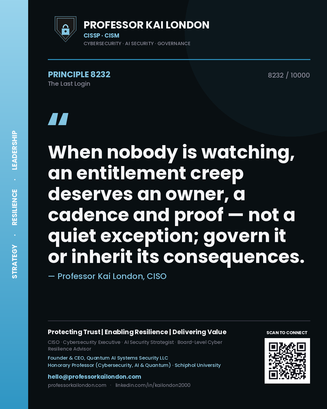 Professor Kai London principle 8232: When nobody is watching, an entitlement creep deserves an owner, a cadence and proof — not a quiet exception; govern it or inherit its consequences.