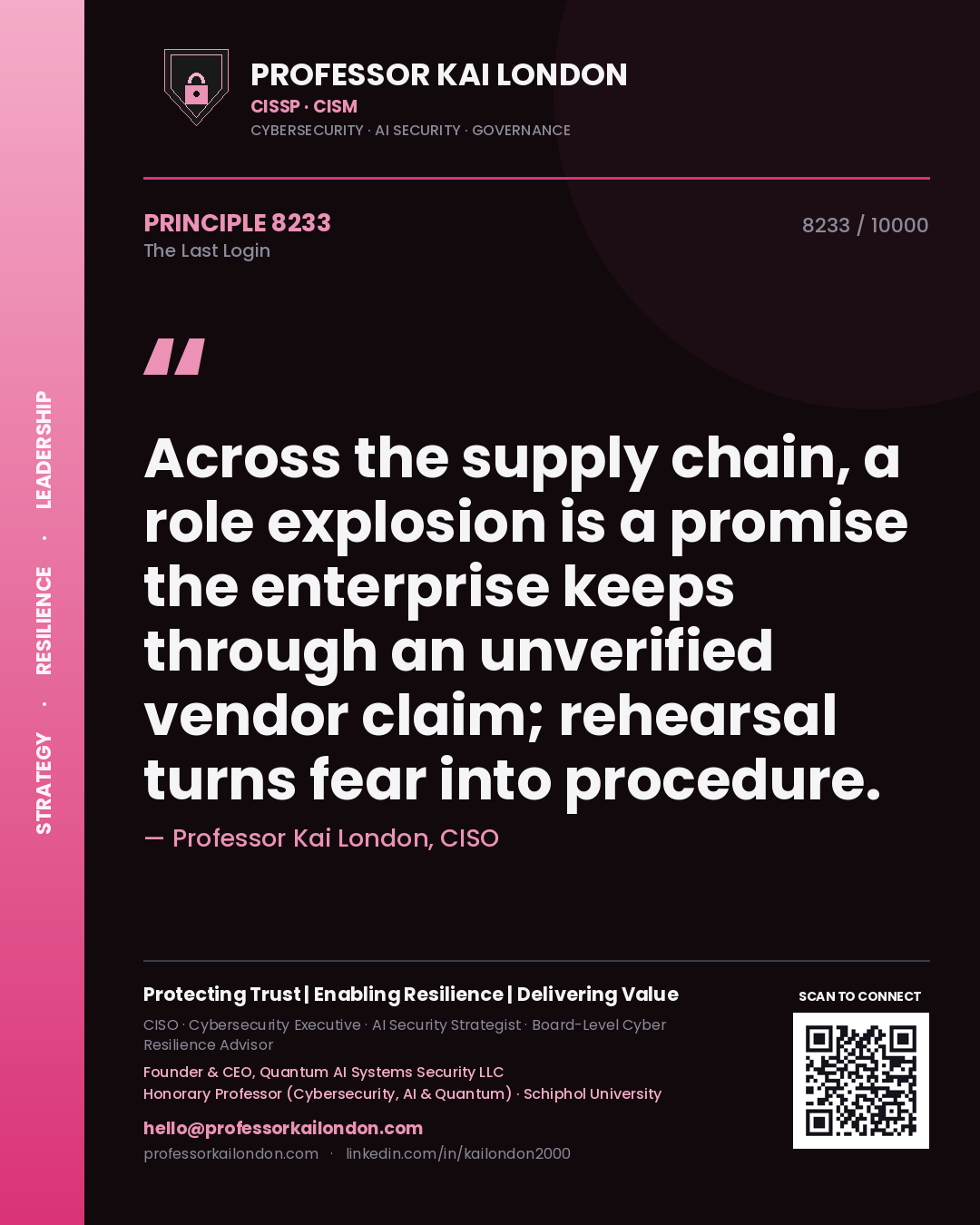 Quote card by Professor Kai London reading 'Across the supply chain, a role explosion is a promise the enterprise keeps through an unverified vendor claim; rehearsal turns fear into procedure.'. From the book The Last Login.