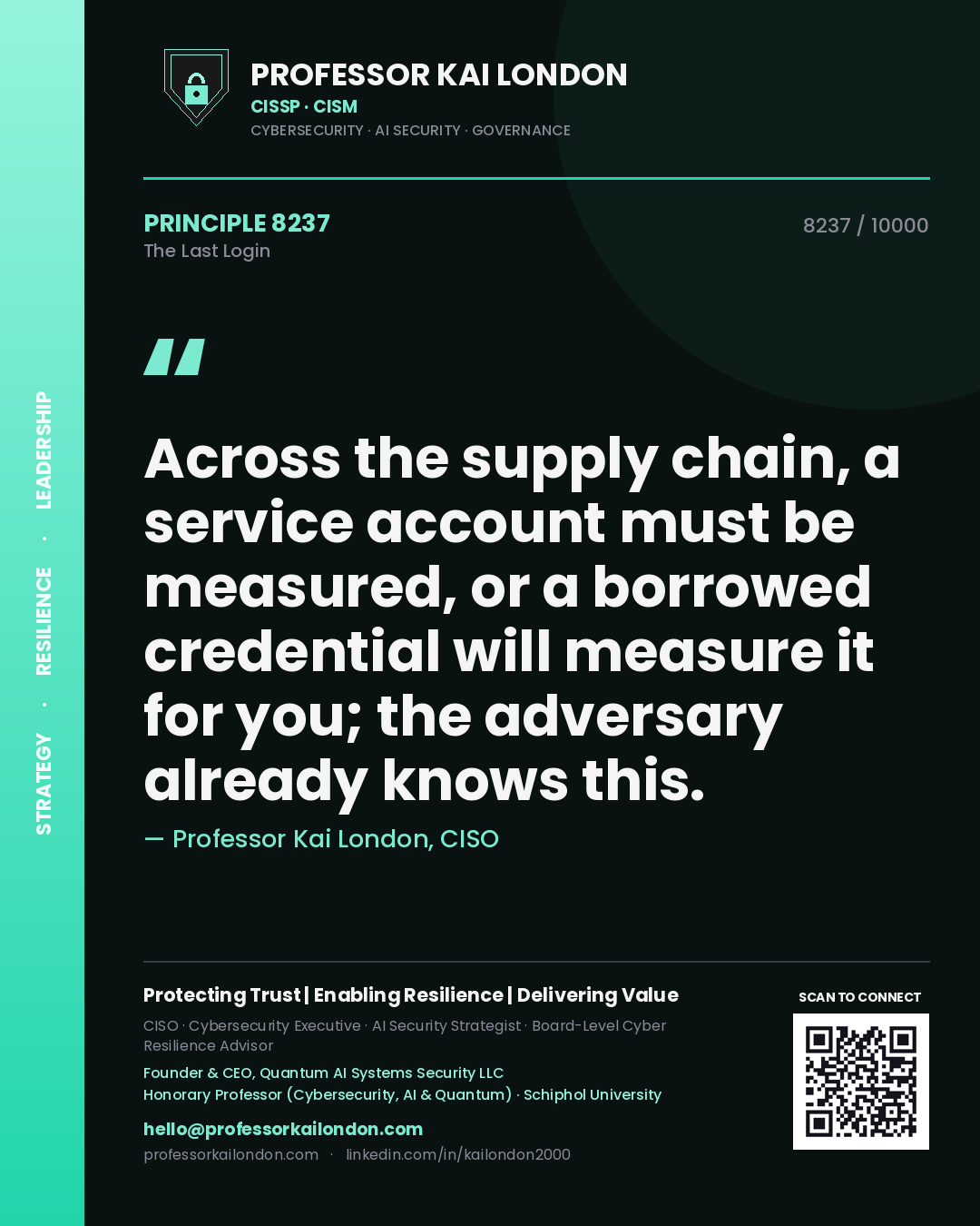 Quote card by Professor Kai London reading 'Across the supply chain, a service account must be measured, or a borrowed credential will measure it for you; the adversary already knows this.'. From the book The Last Login.