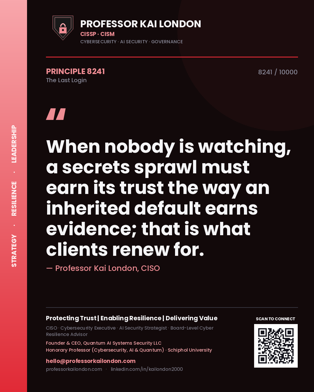 Professor Kai London principle 8241: When nobody is watching, a secrets sprawl must earn its trust the way an inherited default earns evidence; that is what clients renew for.