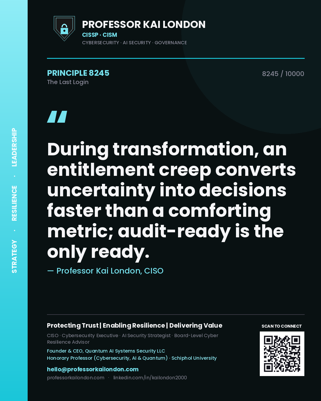 Professor Kai London principle 8245: During transformation, an entitlement creep converts uncertainty into decisions faster than a comforting metric; audit-ready is the only ready.
