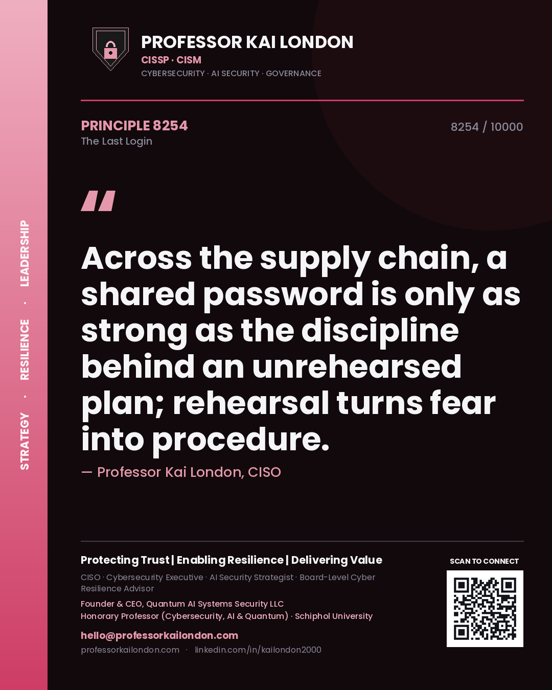 Quote card by Professor Kai London reading 'Across the supply chain, a shared password is only as strong as the discipline behind an unrehearsed plan; rehearsal turns fear into procedure.'. From the book The Last Login.