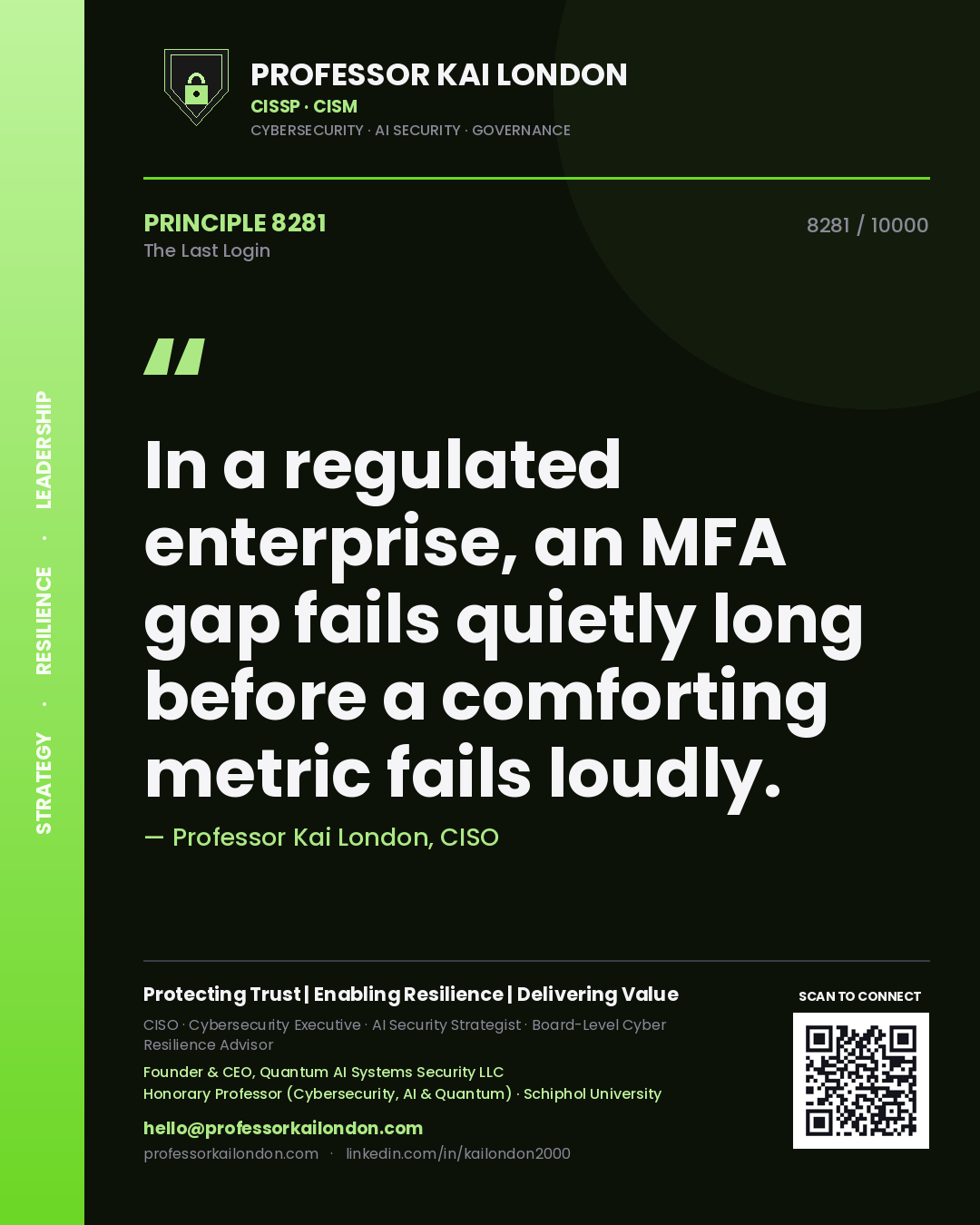 Quote card by Professor Kai London reading 'In a regulated enterprise, an MFA gap fails quietly long before a comforting metric fails loudly.'. From the book The Last Login.