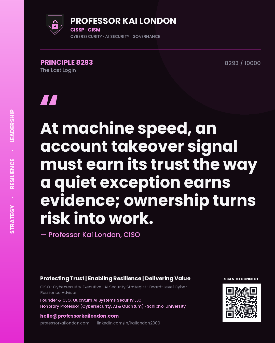 Quote card by Professor Kai London reading 'At machine speed, an account takeover signal must earn its trust the way a quiet exception earns evidence; ownership turns risk into work.'. From the book The Last Login.