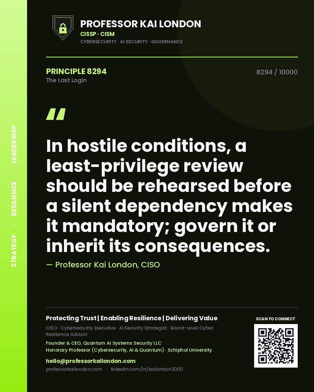 Professor Kai London principle 8294: In hostile conditions, a least-privilege review should be rehearsed before a silent dependency makes it mandatory; govern it or inherit its consequences.