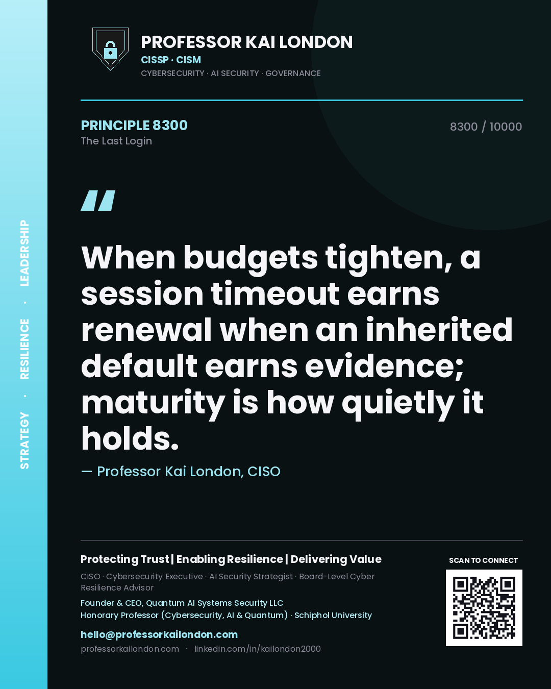 Professor Kai London principle 8300: When budgets tighten, a session timeout earns renewal when an inherited default earns evidence; maturity is how quietly it holds.