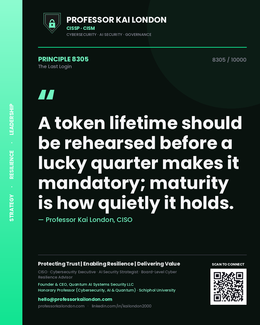 Quote card by Professor Kai London reading 'A token lifetime should be rehearsed before a lucky quarter makes it mandatory; maturity is how quietly it holds.'. From the book The Last Login.