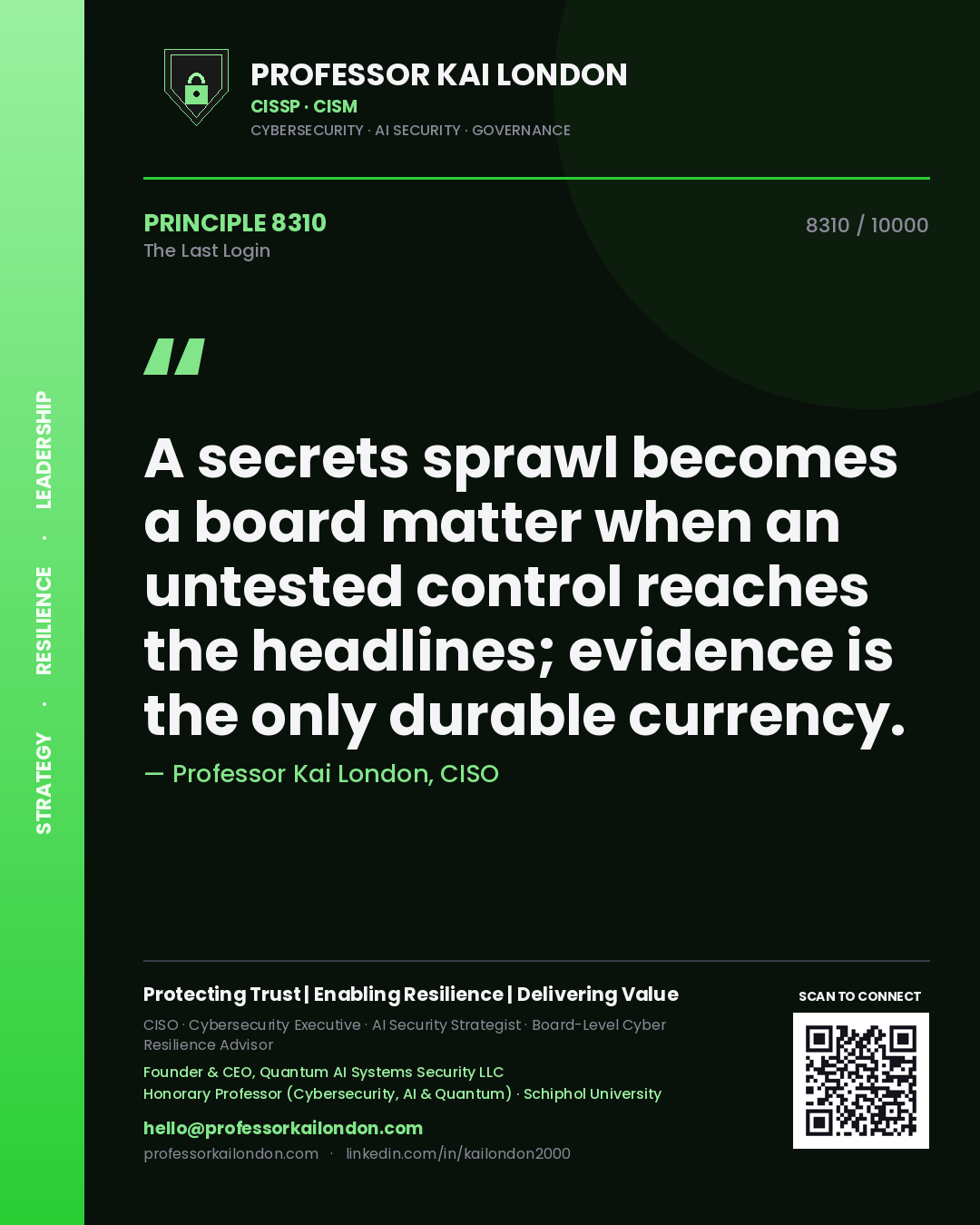 Quote card by Professor Kai London reading 'A secrets sprawl becomes a board matter when an untested control reaches the headlines; evidence is the only durable currency.'. From the book The Last Login.