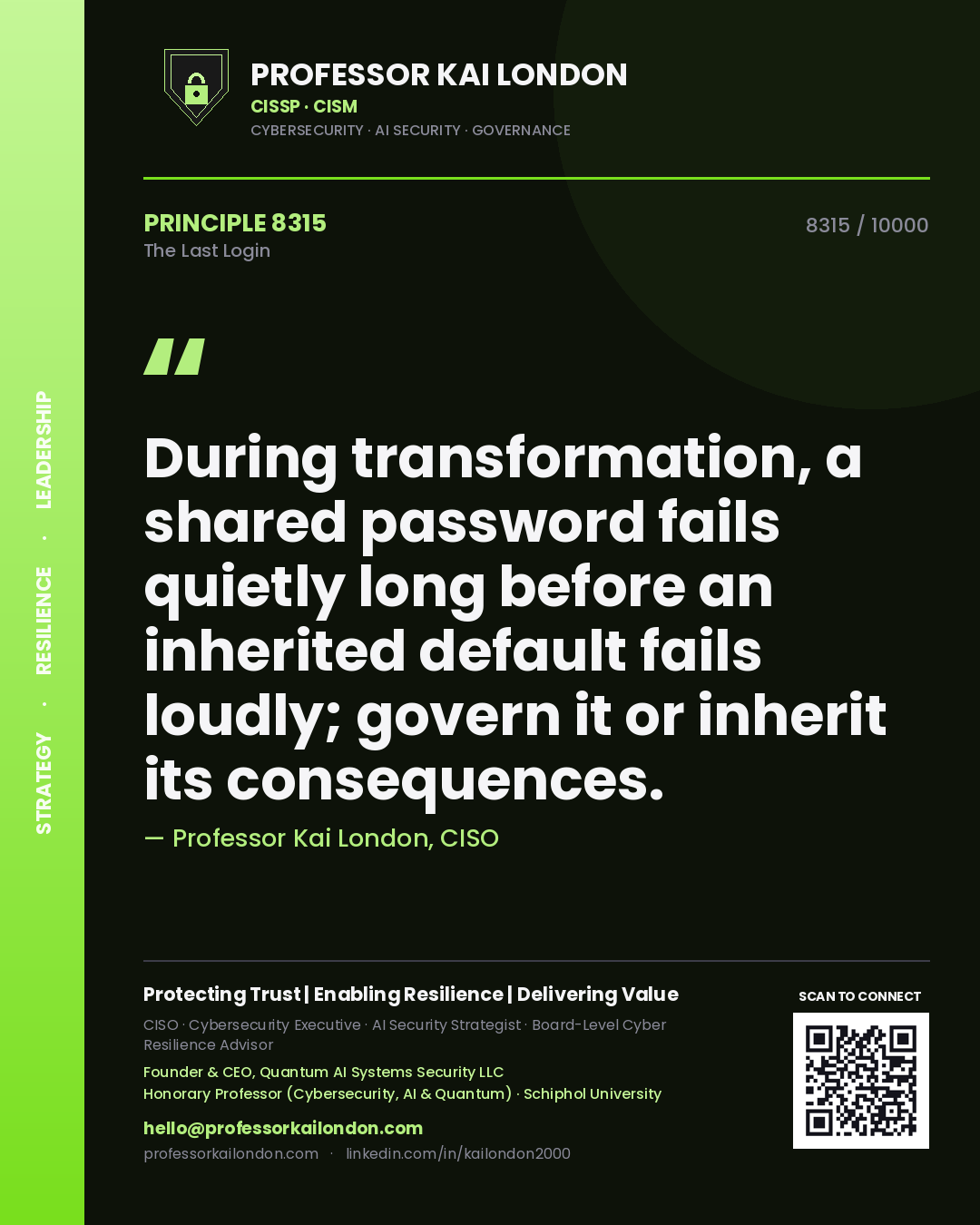 Quote card by Professor Kai London reading 'During transformation, a shared password fails quietly long before an inherited default fails loudly; govern it or inherit its consequences.'. From the book The Last Login.