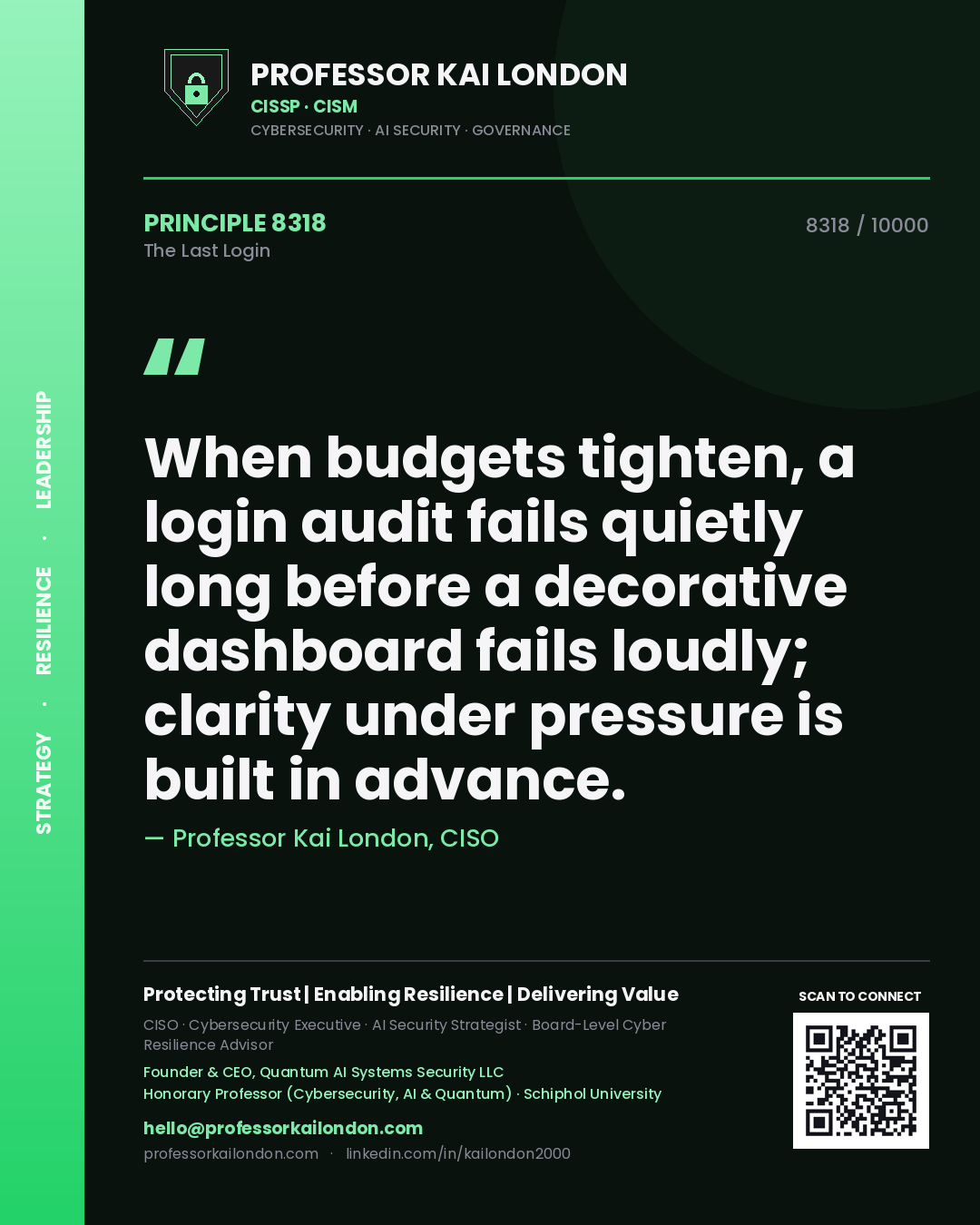 Professor Kai London principle 8318: When budgets tighten, a login audit fails quietly long before a decorative dashboard fails loudly; clarity under pressure is built in advance.