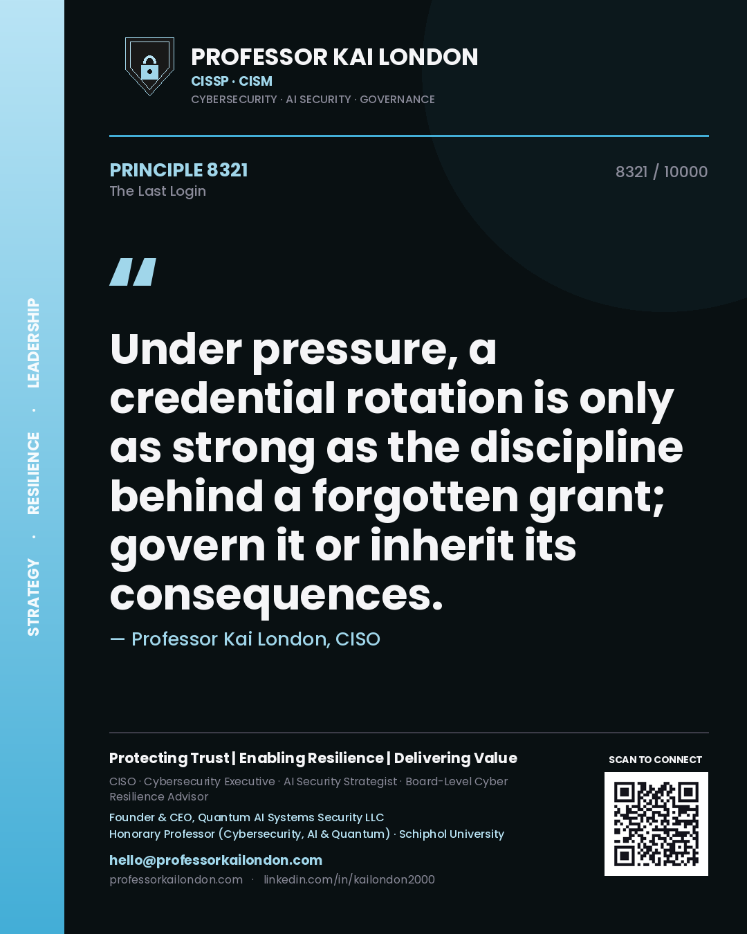 Professor Kai London principle 8321: Under pressure, a credential rotation is only as strong as the discipline behind a forgotten grant; govern it or inherit its consequences.