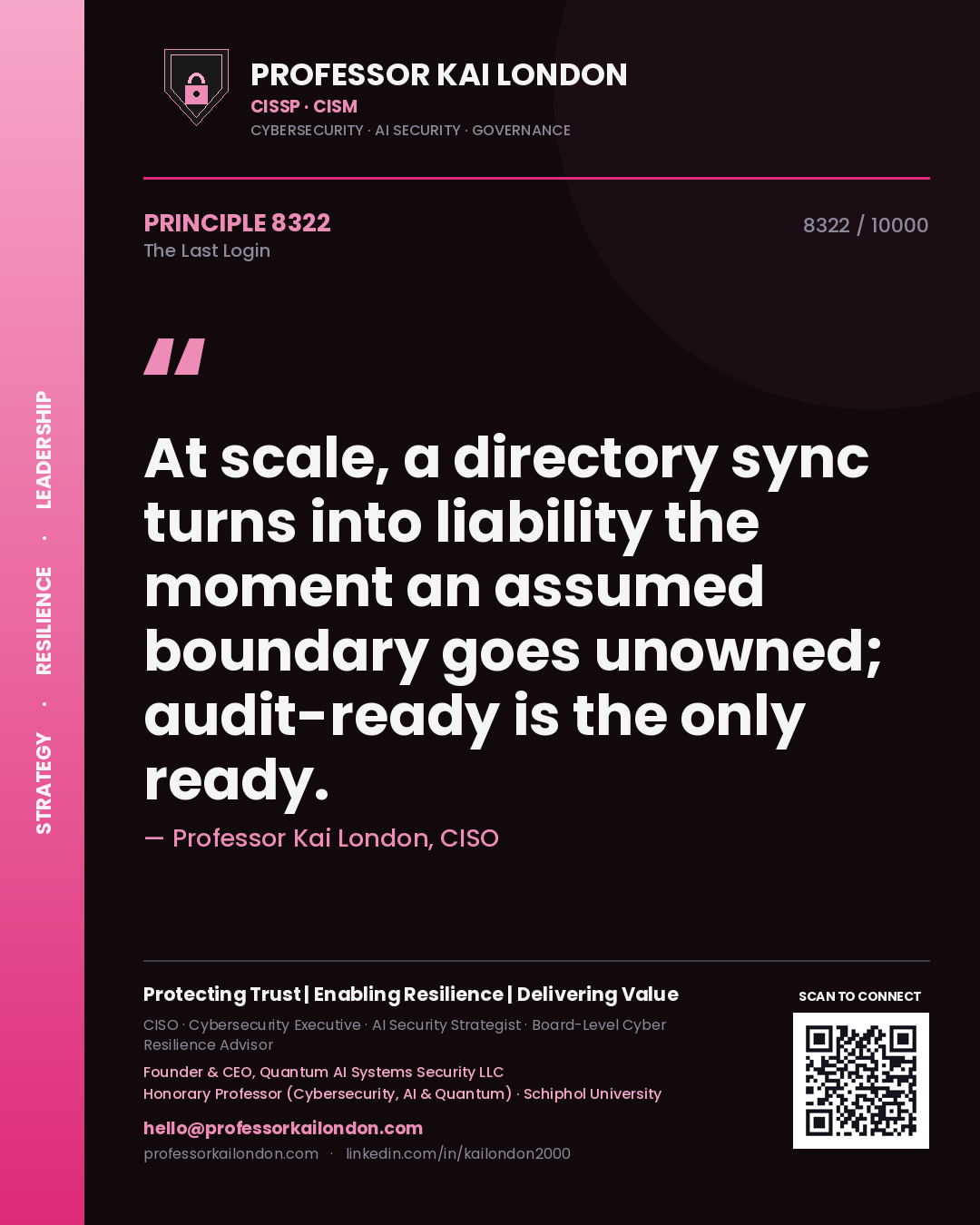Quote card by Professor Kai London reading 'At scale, a directory sync turns into liability the moment an assumed boundary goes unowned; audit-ready is the only ready.'. From the book The Last Login.