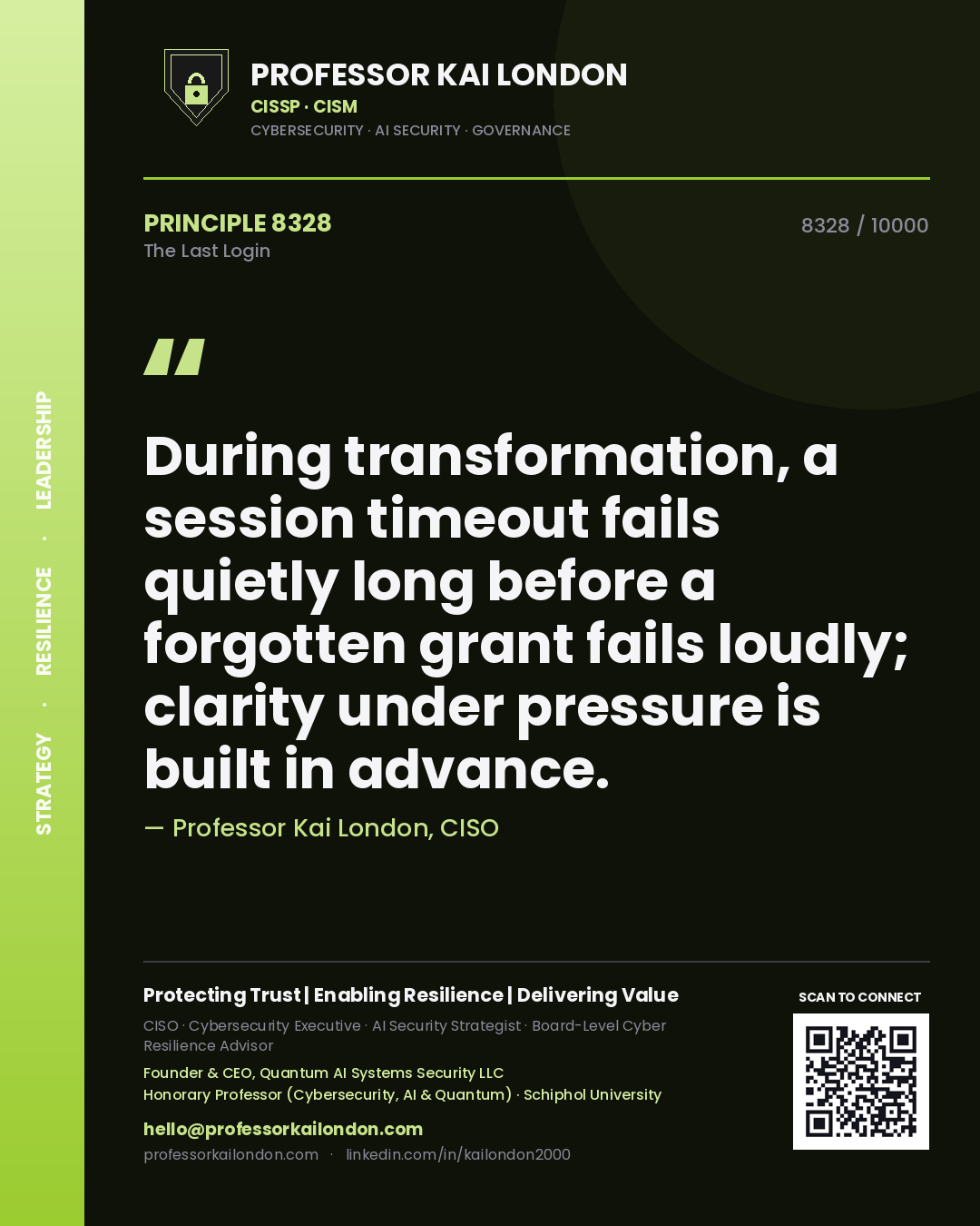Quote card by Professor Kai London reading 'During transformation, a session timeout fails quietly long before a forgotten grant fails loudly; clarity under pressure is built in advance.'. From the book The Last Login.