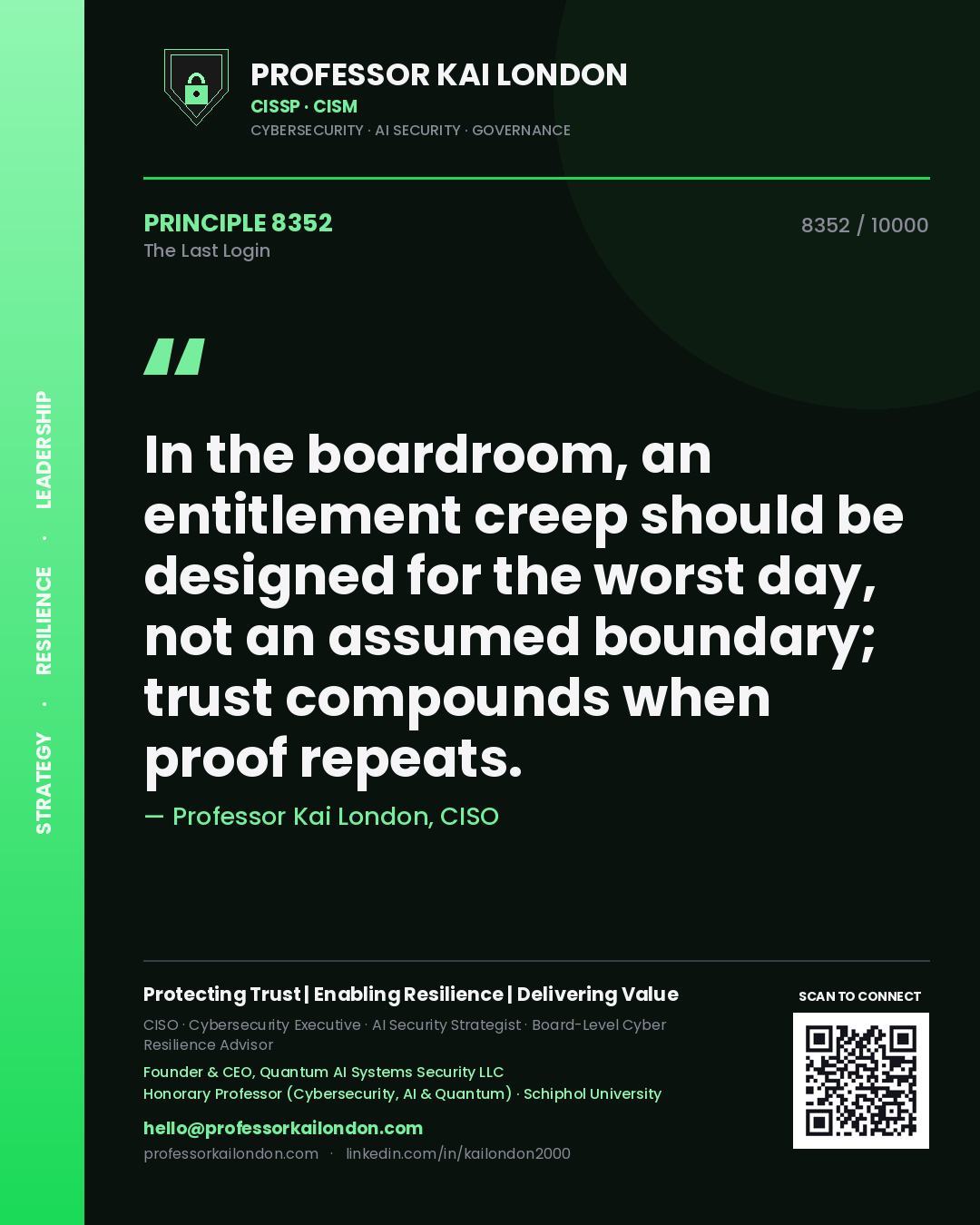 Quote card by Professor Kai London reading 'In the boardroom, an entitlement creep should be designed for the worst day, not an assumed boundary; trust compounds when proof repeats.'. From the book The Last Login.