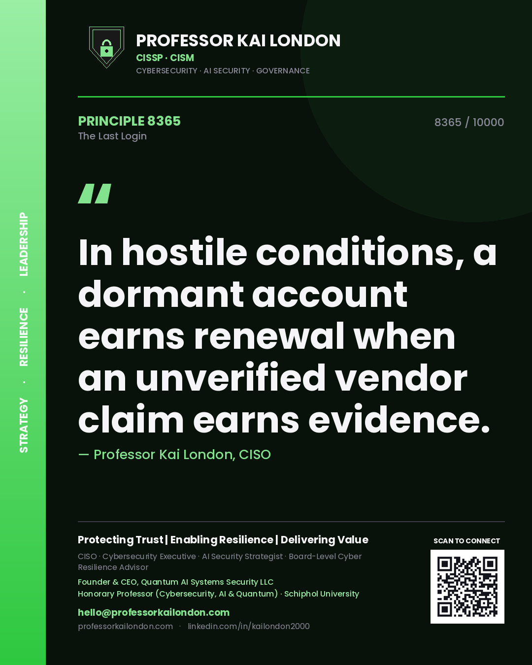Professor Kai London principle 8365: In hostile conditions, a dormant account earns renewal when an unverified vendor claim earns evidence.