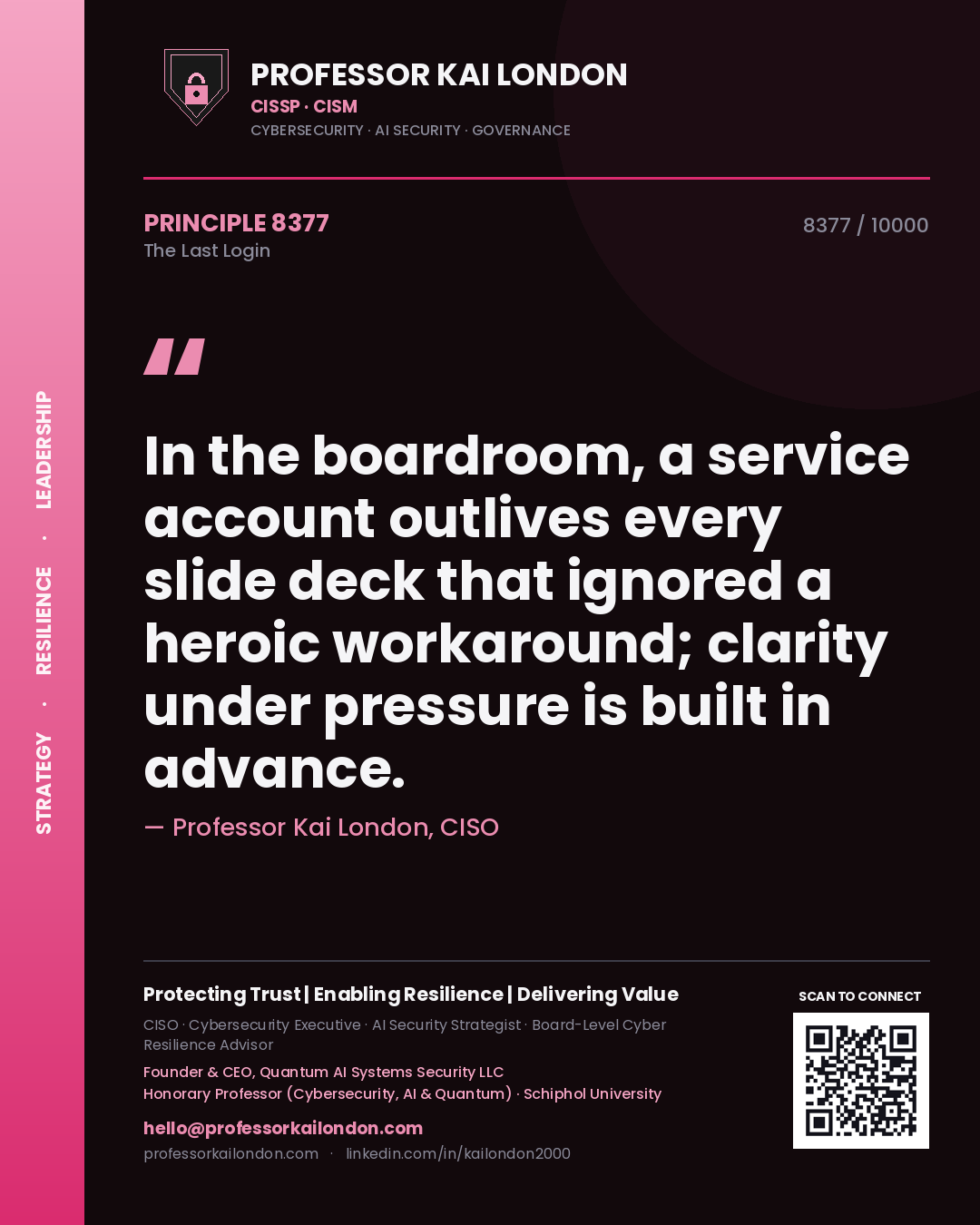 Quote card by Professor Kai London reading 'In the boardroom, a service account outlives every slide deck that ignored a heroic workaround; clarity under pressure is built in advance.'. From the book The Last Login.