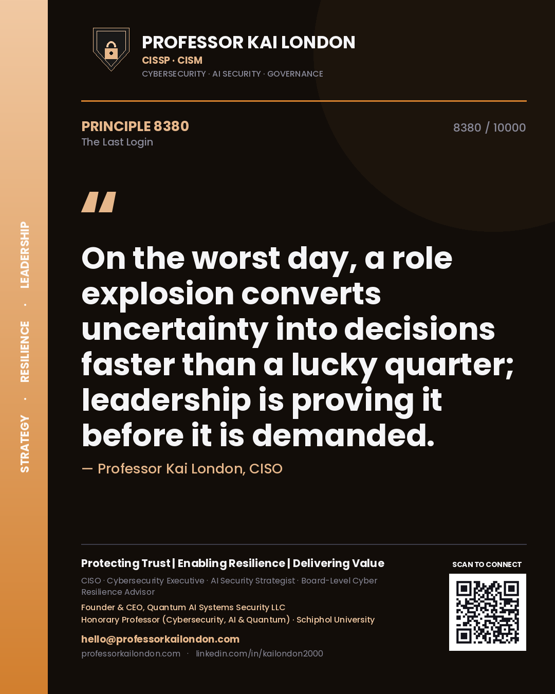 Quote card by Professor Kai London reading 'On the worst day, a role explosion converts uncertainty into decisions faster than a lucky quarter; leadership is proving it before it is demanded.'. From the book The Last Login.