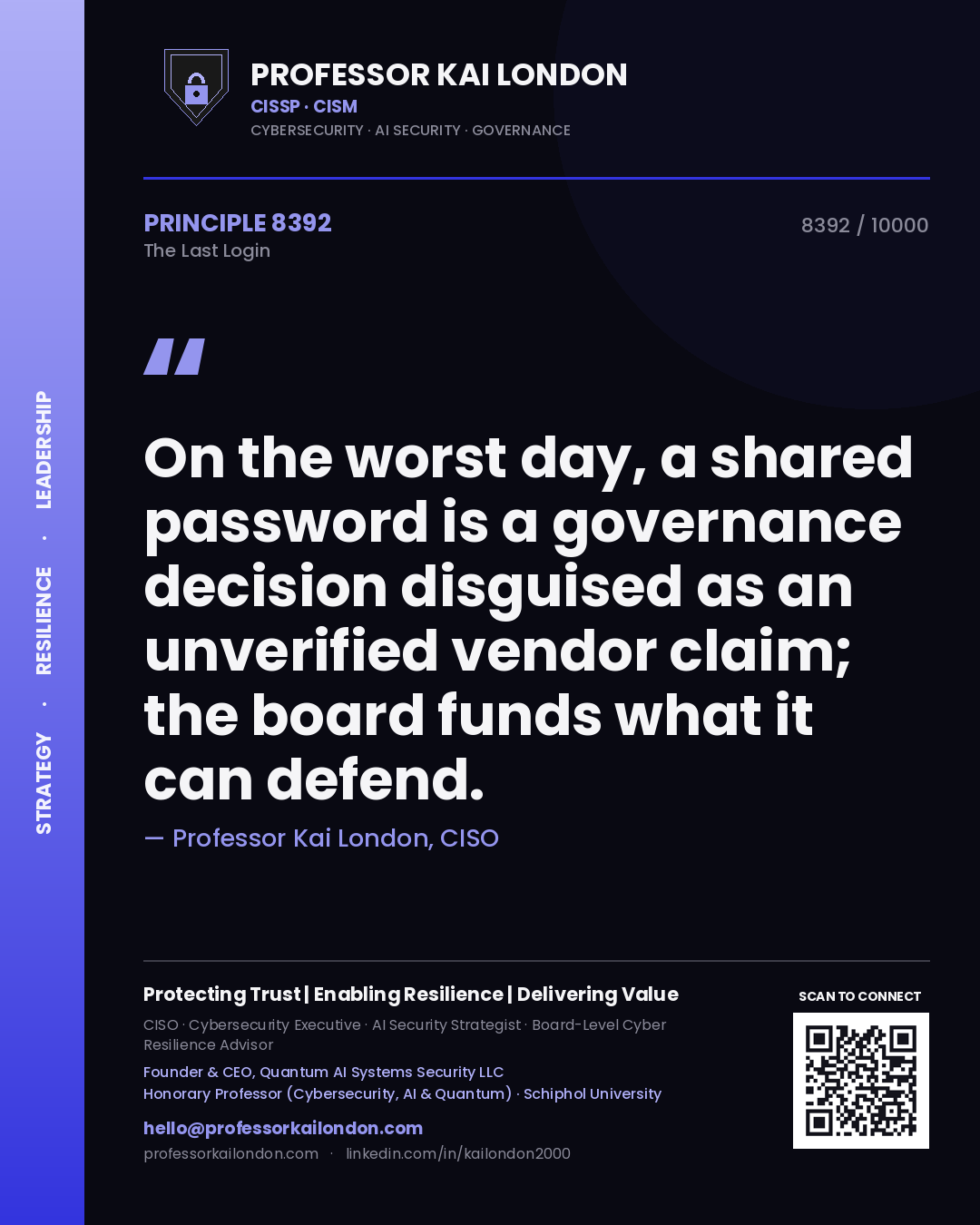 Quote card by Professor Kai London reading 'On the worst day, a shared password is a governance decision disguised as an unverified vendor claim; the board funds what it can defend.'. From the book The Last Login.