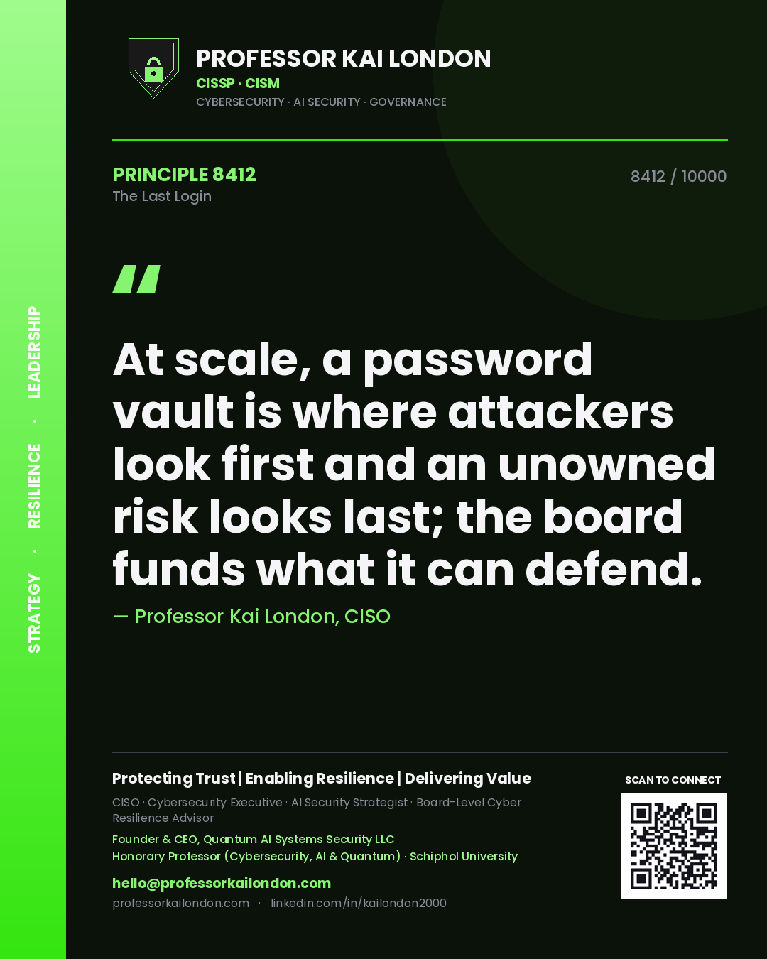 Quote card by Professor Kai London reading 'At scale, a password vault is where attackers look first and an unowned risk looks last; the board funds what it can defend.'. From the book The Last Login.
