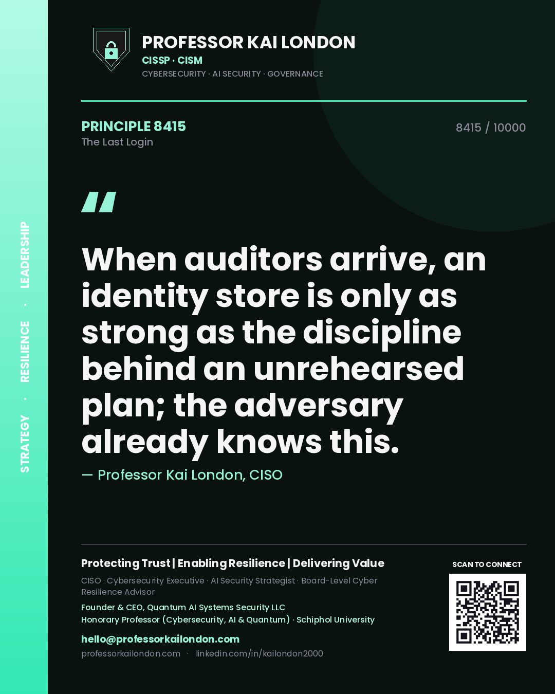 Quote card by Professor Kai London reading 'When auditors arrive, an identity store is only as strong as the discipline behind an unrehearsed plan; the adversary already knows this.'. From the book The Last Login.